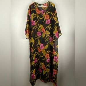 Roamans Womens Sheer Floral Kaftan Beach Pool Cover-Up Boho Sundress Size 1X